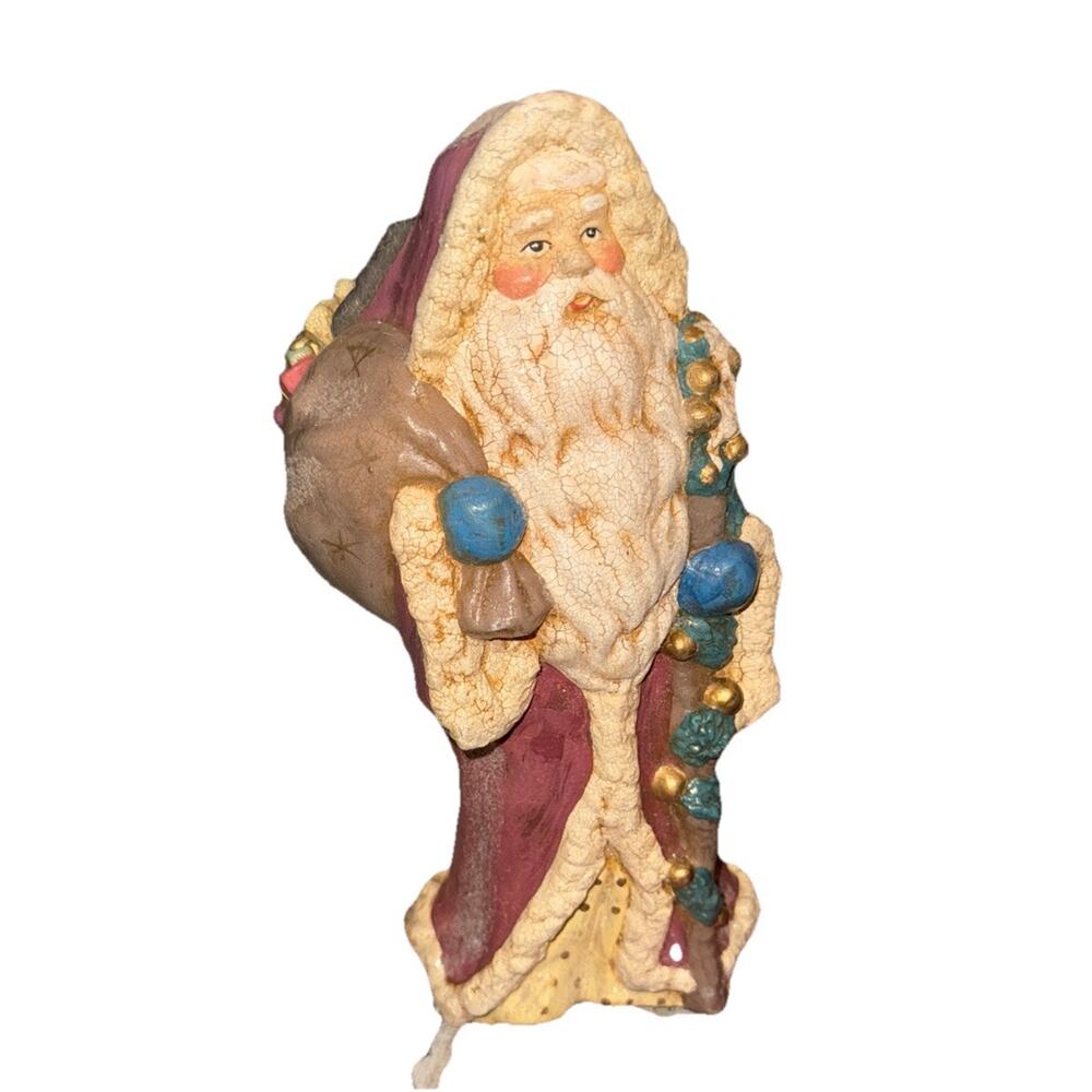 Vintage Crackle Painted Santa With Toy Sack And Staff